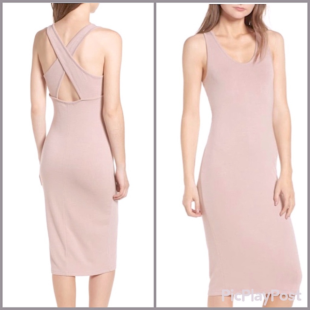 Leith Criss Cross-Back Bodycon Slub Midi Dress Pale Pink Semi Sheer S M EUC